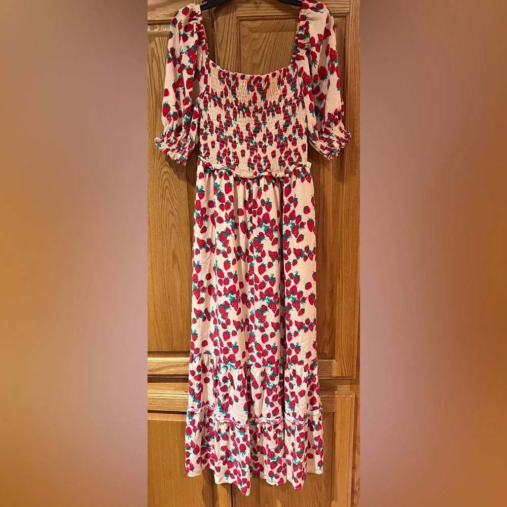 Betsey Johnson Strawberry Fields Smocked Challis Puff Sleeve Milkmaid Maxi Dress